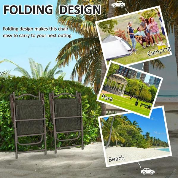 Two folding garden chairs with dark brown frames and dark mesh seats