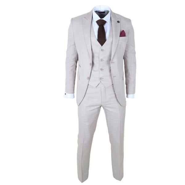 Infinity Leather Men's Cream 3-Piece Tailored Fit Formal Wedding Peak Lapel Suit