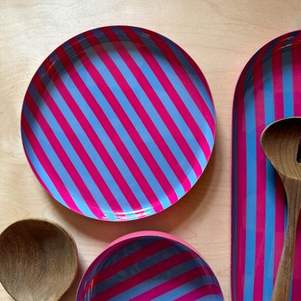 Love Frankie Medium Stripy Plates - 5 Colours Available - Medium Stripy Plate in Powder Blue and Hot Pink