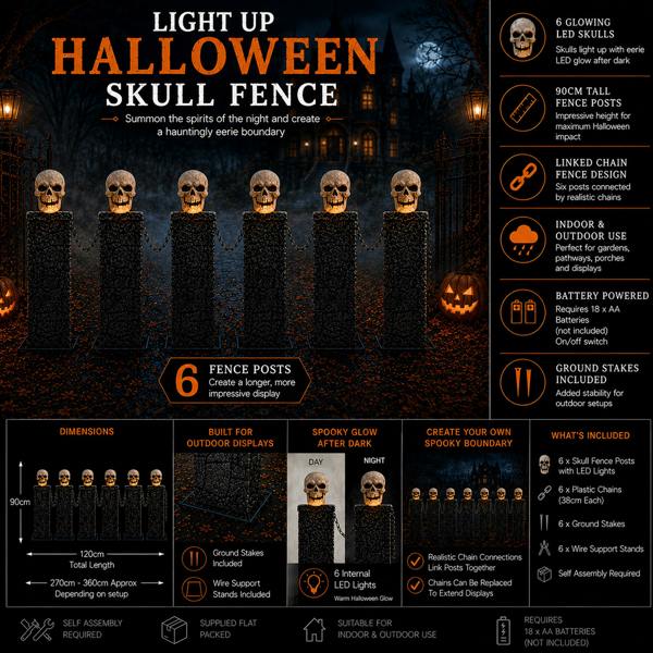 Samuel Alexander Pack of 2: 90cm x 1.2m Battery Powered Light Up Halloween Skull Fence with LEDs