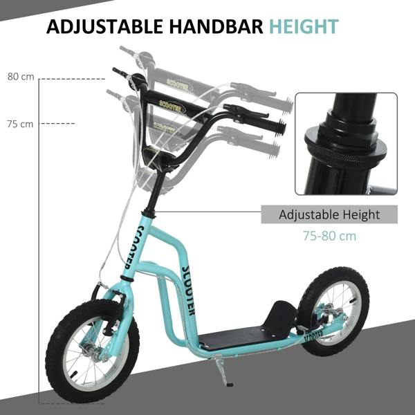 Teal kids kick scooter with adjustable handlebar height and 12-inch rubber tires