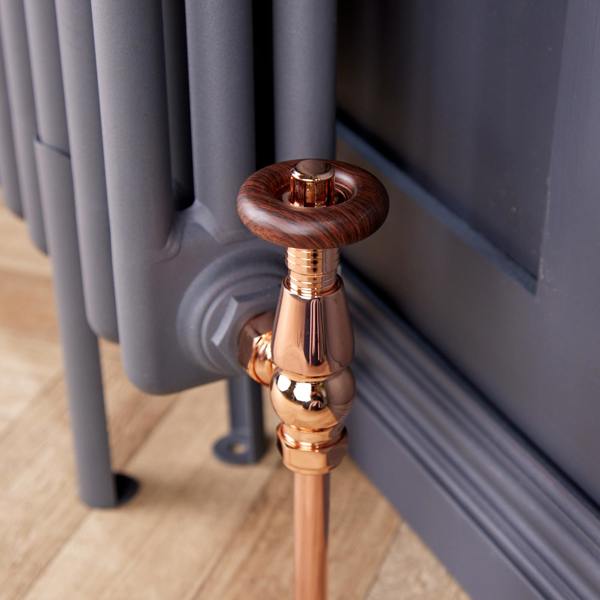 Flode Traditional Style Corner Wood Effect Head TRV & Lockshield | 15mm x 1/2" | Copper