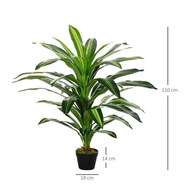 Artificial green potted plant with layered spiky leaves and a black base pot