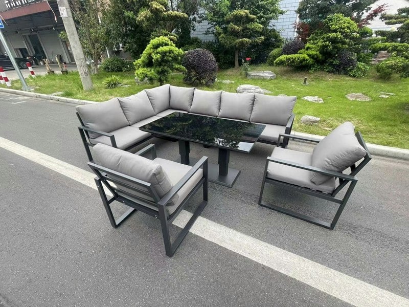 Fimous Aluminum Outdoor Garden Furniture Corner Sofa Chair Adjustable Rising Lifting Dining Table Sets Black Tempered Glass Dark Grey 8 Seater
