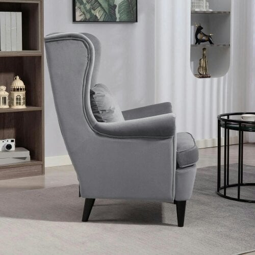 Bobobiy Modern Accent Chair, Velvet-Feel Fabric Reading Chair with Solid Wood Legs, Dark Grey