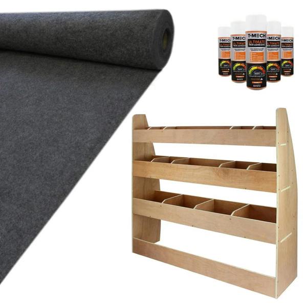 Anthracite van lining roll, wood rack with five compartments, and glue bottles for VW Caddy customization and organization
