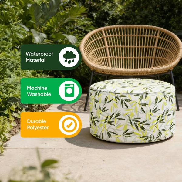 Gardenwize Outdoor Pouf Ottoman – Green/Grey Leaf Inflatable Footstool