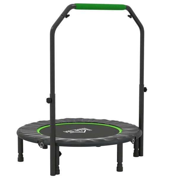 Foldable 40-inch mini fitness trampoline with green foam handle and black round mat