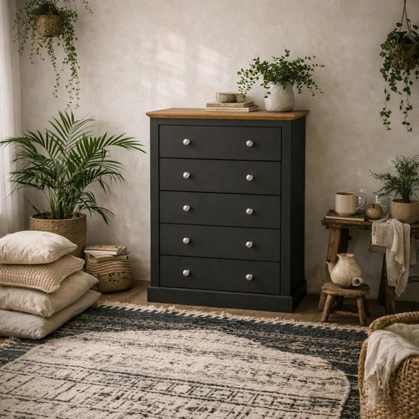 Wyld Haus Ardee Dark Grey and Natural Oak Wooden 5 Drawer Storage Chest