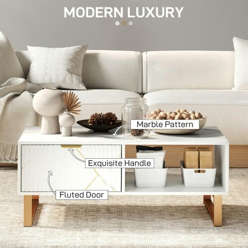 Wyld Haus Lima Wooden White Marble Effect and Gold Coffee Table With 2 Storage Drawers