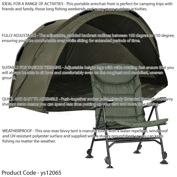 1 Man Waterproof Carp Fishing Bivvy Tent & Adjustable Reclining Camp Chair Set - LoopsDirect
