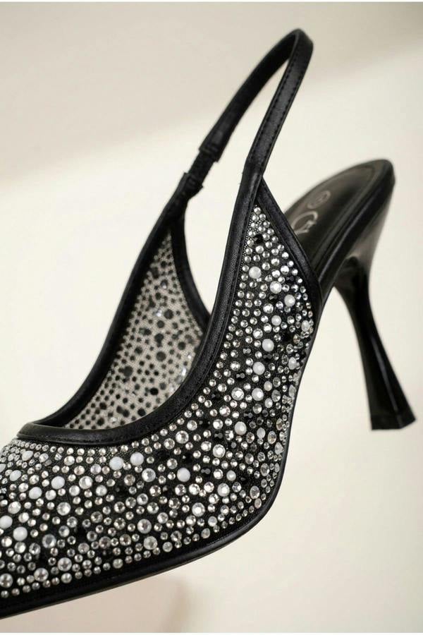 Cordelia Embellished Mesh Pointed Toe Heels - Black