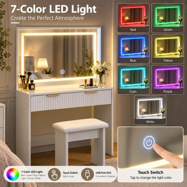 HOMEWEDO  Vanity Table with LED Mirror and Stool, with 7 Colour Lights & USB Port-W80 x D38 x H139.5 CM