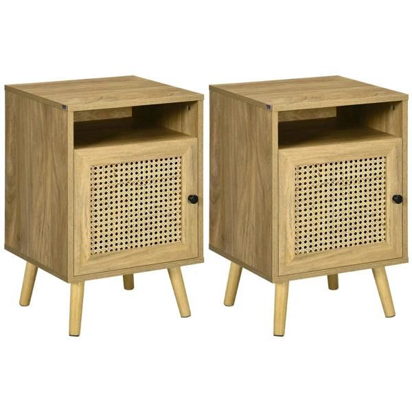 Natural wood bedside table with open shelf and rattan front cabinet, dark knob