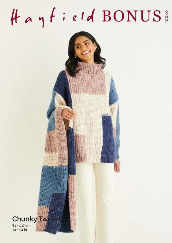 Hayfield Bonus Chunky Tweed Knitting Pattern 10340, Sweaters, Scarves for Women, 32 - 54 Inches