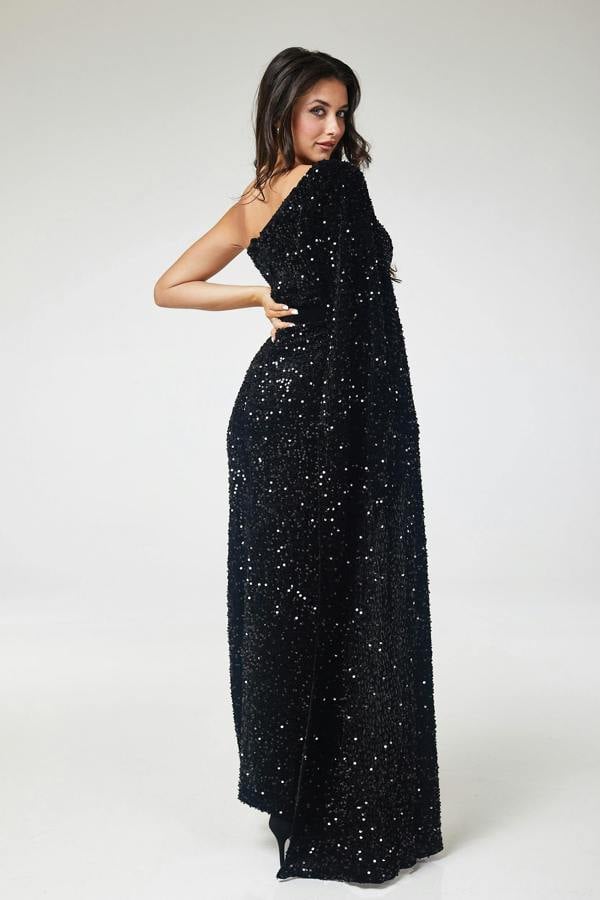 LuvForever Black One Shoulder Drape Sleeve Sequin Maxi Dress