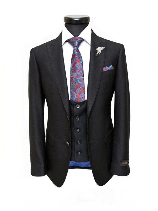 Black textured two-button slim fit suit by PAMONI, showing tailored jacket with notch lapels and slim trousers.
