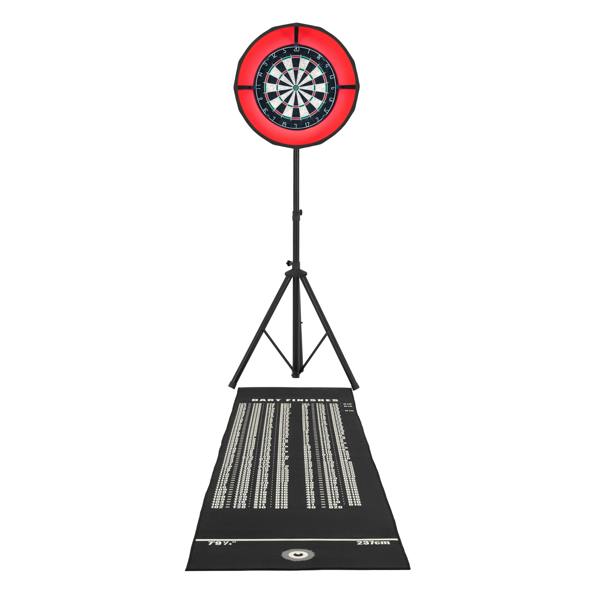 Dart board set featuring a vibrant LED surround, mounted on a black tripod, with a scoring mat below for easy gameplay tracking