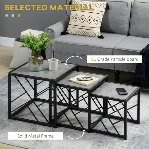 Nesting coffee table set with grey particle-style tabletop and black metal frame