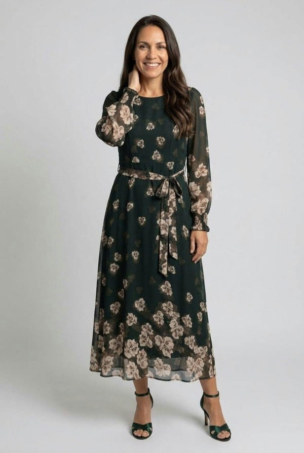 Izabel London Floral Layer Long Sleeve Midi Dress