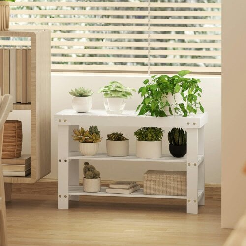 Wyld Haus Riyo White Bamboo 2 Tier Shoe Storage Bench