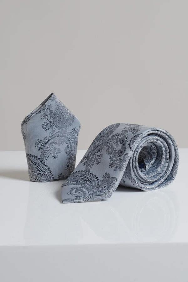 Marc Darcy Paisley Tie & Pocket Square Set - Grey
