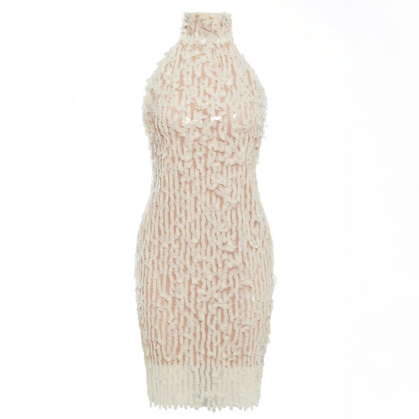 a white sequined Backless Mini Dress with a halter neck from Sarvin.