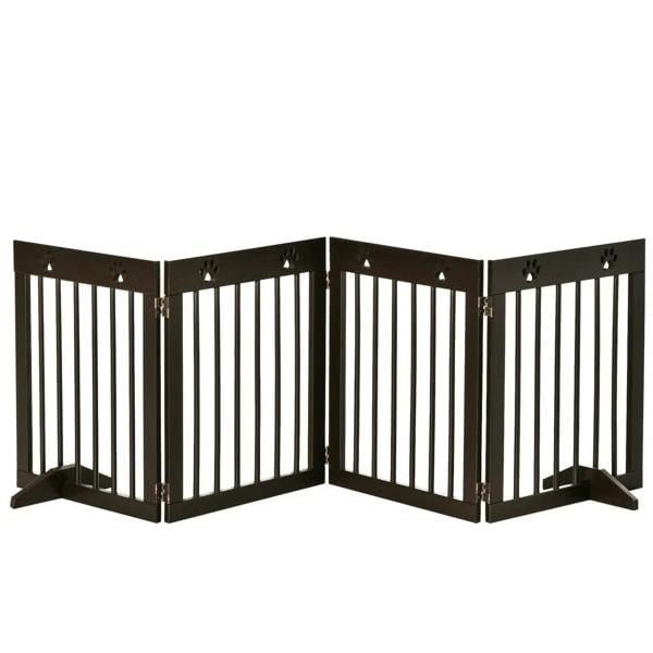 Brown folding wooden pet gate with four panels and paw print cutouts