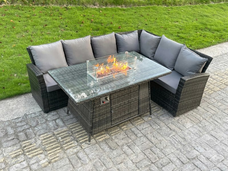 Fimous High Back Outdoor Rattan Corner Sofa Set Garden Furniture Set Gas Fire Pit Dining Table Gas Heater 6 Seater