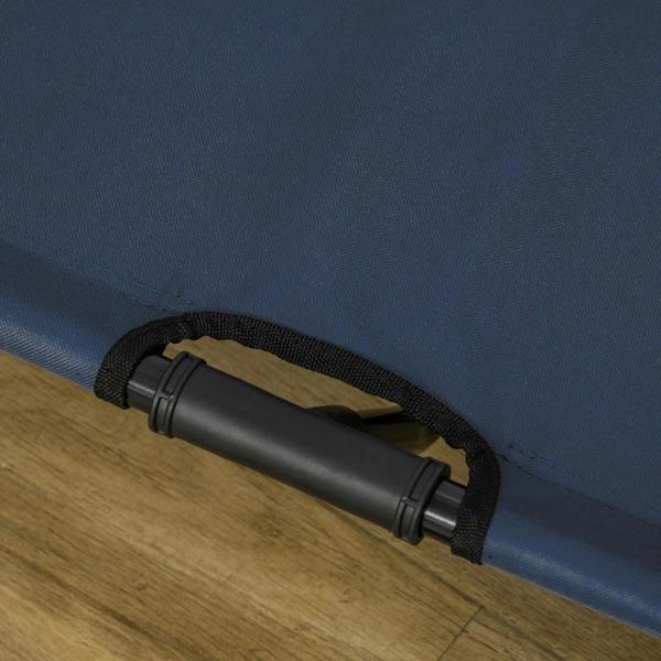 Blue pet bed corner with black carrying strap and metal frame tube