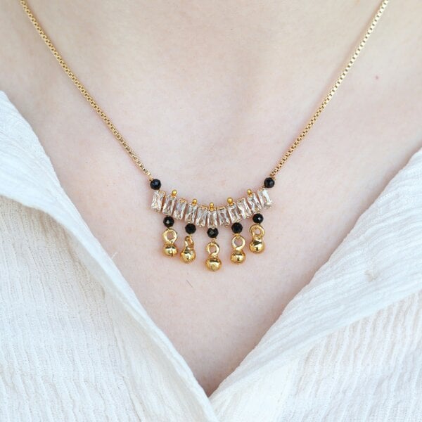 The Colourful Aura Indian Nazarian Gold Mangalsutra Black Bead Zircon Bar Bell Drop Necklace