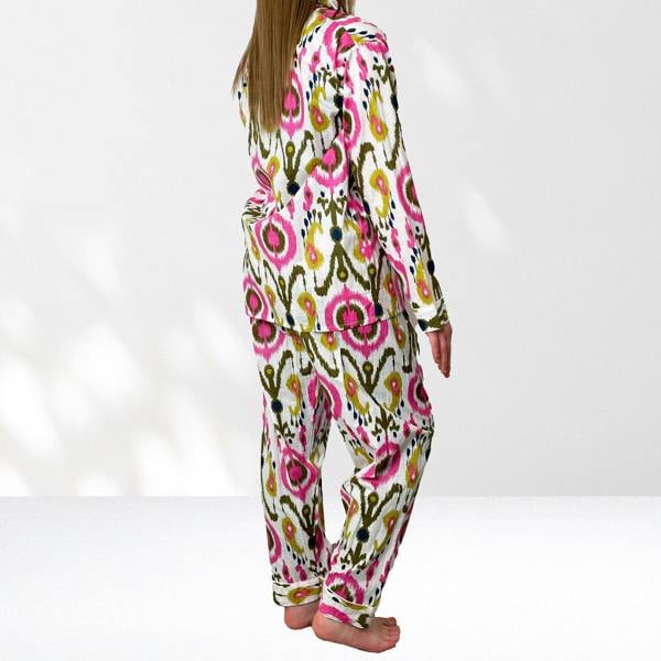 Hayley & Co Ikat Print 100% Cotton Long Pyjama Set in White and Print