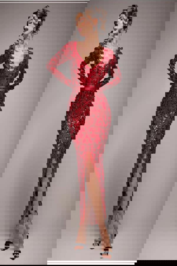 Tassel & Sequin Midaxi With Front Split - Red DR4006