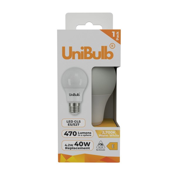 UniBulb LED GLS E27 470lm 4.2W 2700K (Warm White) Light Bulb - Pack of 1 front