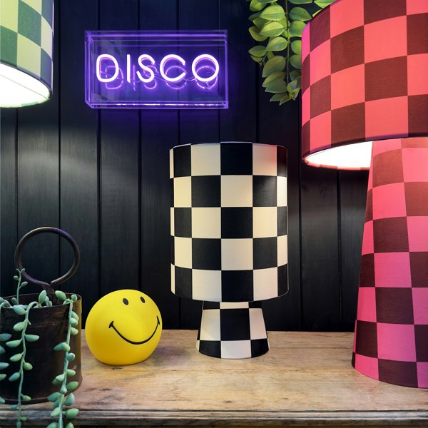 Handmade Checkerboard Velvet lamps in Liquorice. Monochrome, Black and Off White Checkerboard Lamps - The Shortie