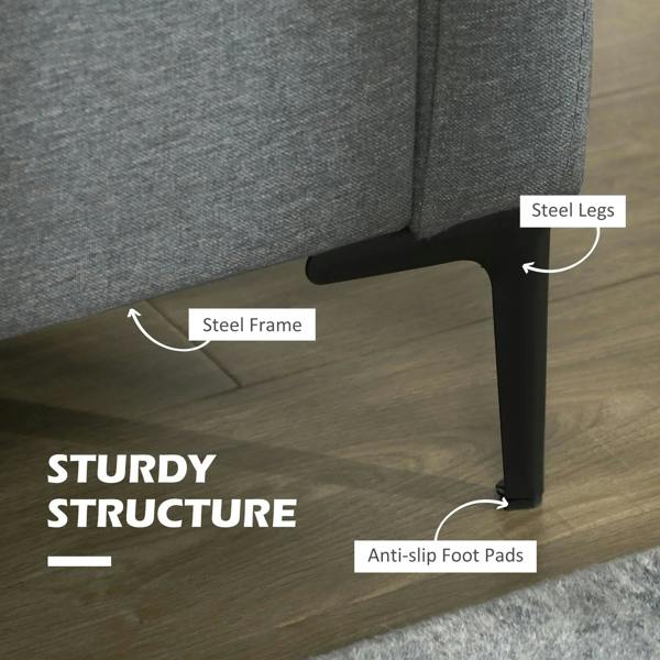 Dark grey sofa with steel legs, steel frame details, and anti-slip foot pads