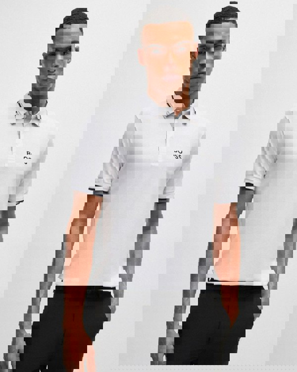 BOSS Green Paddy Pro Mens Cotton Blend Polo Shirt With Contrast Logos NOS - White 100