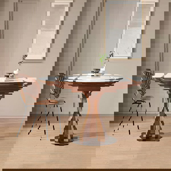 Detail view of Caruso Round Extending Dining Table, Sintered Stone, White with neptune dining room tables