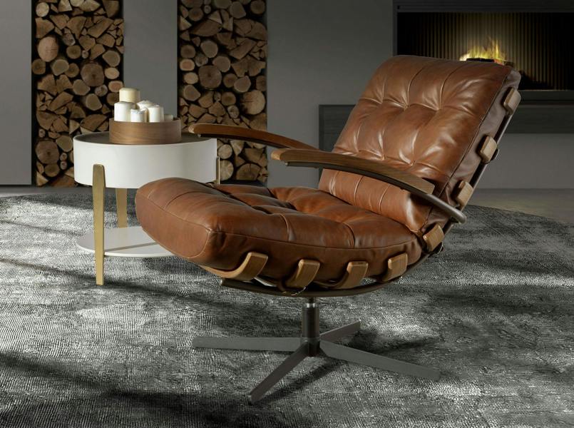 Angel Cerdá Dark brown leather and walnut swivel armchair 5154