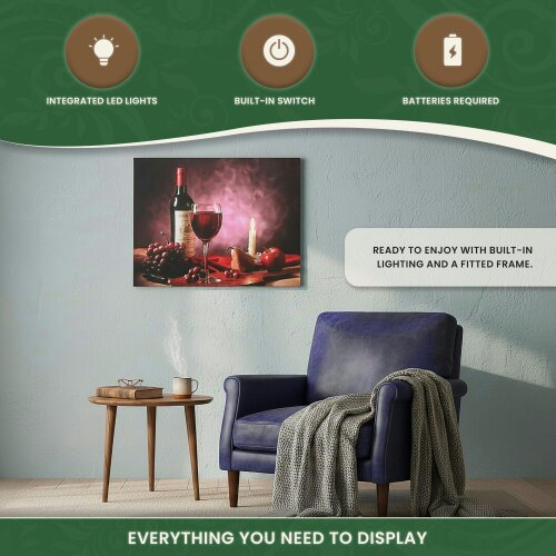 Red Wine, Grapes & Candle Christmas Canvas Print with LED Flickering Lights, 40 x 30cm, Wooden Frame, Battery Powered
