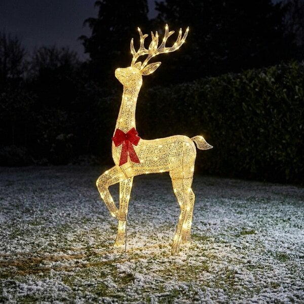 Garden Greatness Twinkling Lit White Fabric Stag with Red Bow