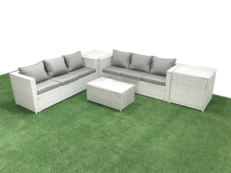 Fimous Garden Outdoor PE Rattan Furniture Set 6 Seater Rattan Garden Sofa Set with 2 Side Tables Light Grey Mixed