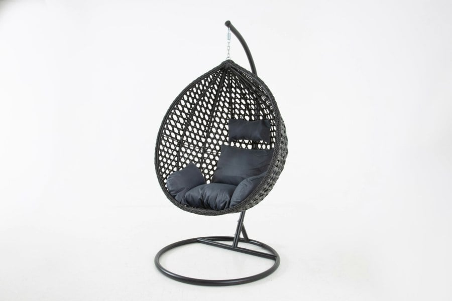 Outdoor Living The Onyx Black Hanging Swing Pod Egg Chair - Large with deep Grey Cushions