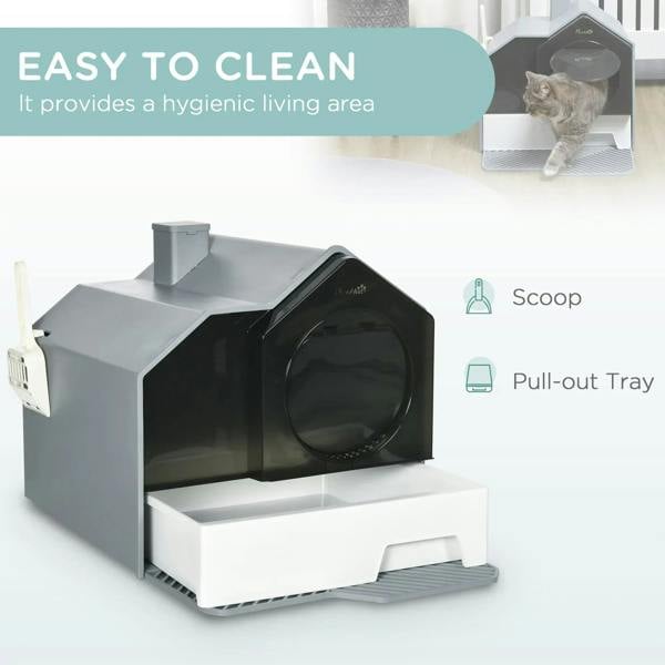 Grey enclosed cat litter box with pull-out tray, front entrance, and included scoop.