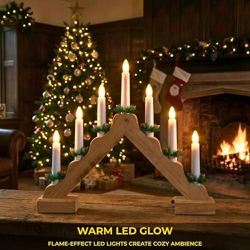 5cm Natural Wooden Pre-Lit Christmas Candle Bridge Decoration with 7 LED Flame Bulbs image 5