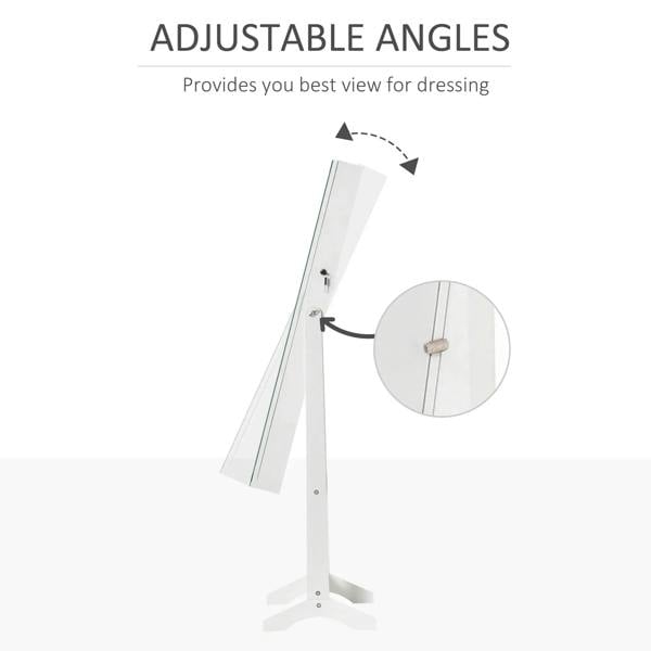 White full-length jewelry cabinet with adjustable mirror and LED-lit frame
