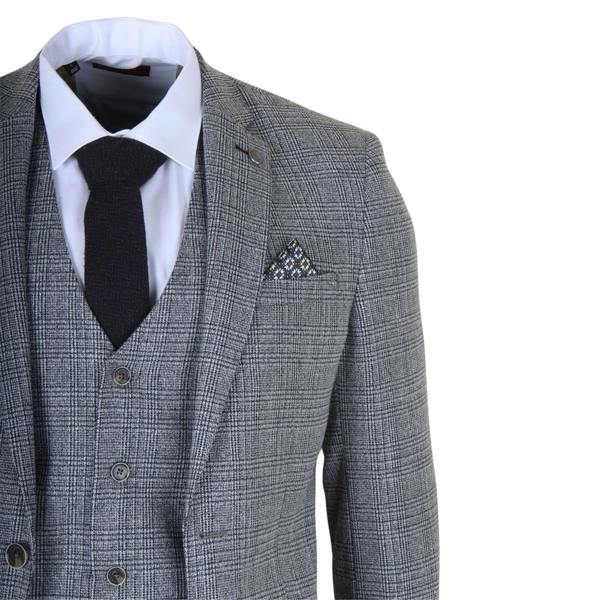 Infinity Leather Men's 3-Piece Grey Classic Check Suit Slim Fit Plaid Formal Party Suit