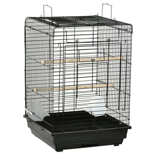 Black birdcage with openable top, front door, stand and feeding bowls