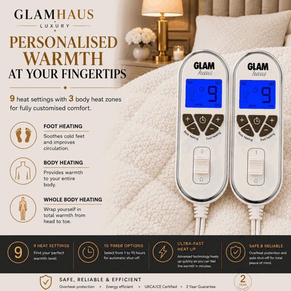 GlamHaus Prestige Electric Blanket King Size With 9 Body Settings, 9 Feet Settings, 9 Full Body Settings, 10 Timer Settings