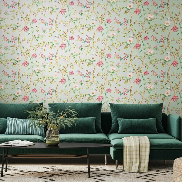 Hoopla Walls Bird Song - Seafoam & Rose 10m Wallpaper